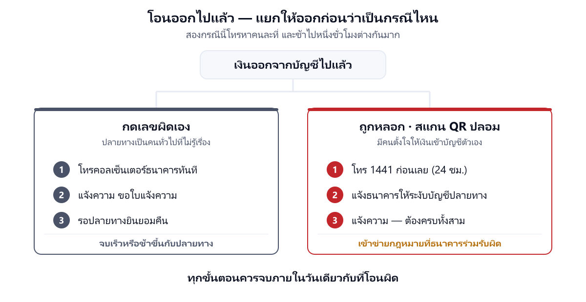 ผังแยกสองกรณีเมื่อโอนเงินผิด — กดเลขผิดเองให้โทรธนาคารก่อน ส่วนถูกหลอกหรือสแกน QR ปลอมให้โทร 1441 ก่อน แล้วแจ้งธนาคารและแจ้งความให้ครบทั้งสามอย่าง